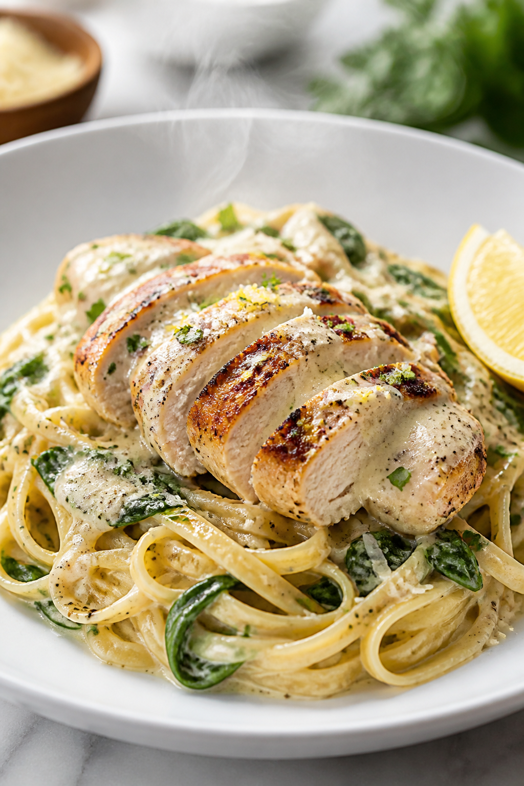 Final plated dish: Restaurant-quality presentation of Creamy Garlic Chicken & Spinach served over al