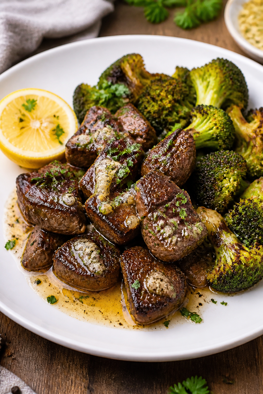 Final plated dish: Restaurant-quality presentation of Garlic Butter Steak Bites & Crispy Broccoli on