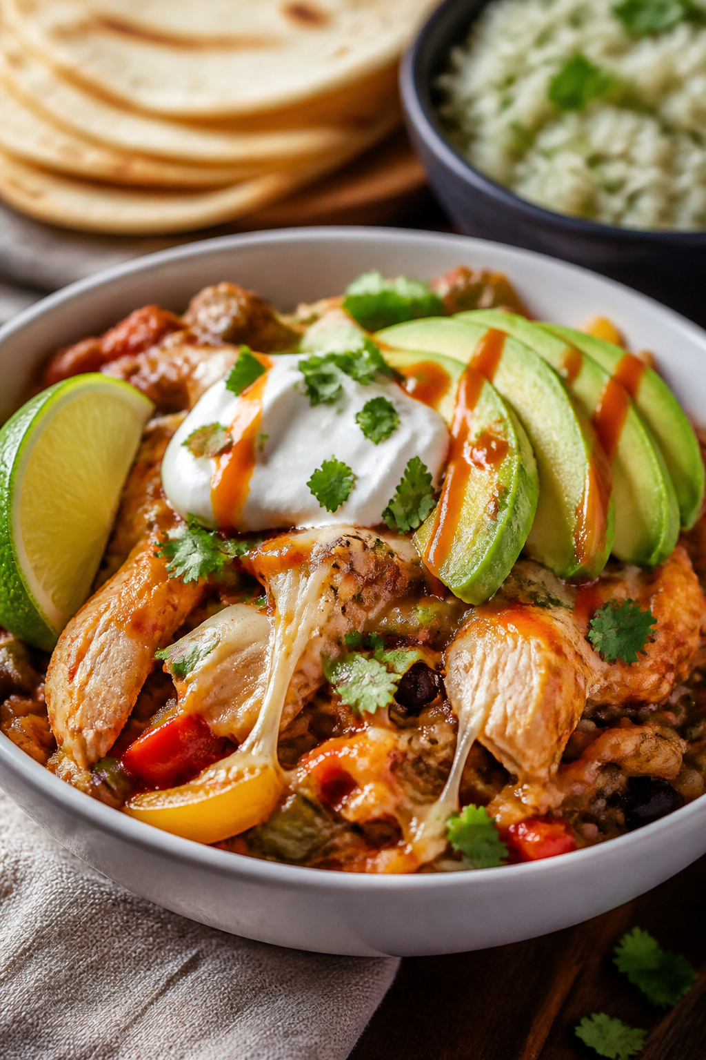Final plated dish: Restaurant-quality serving of Loaded Chicken Fajita Casserole spooned into a shal