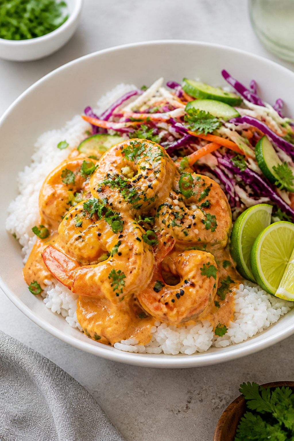 Final plated dish, restaurant-quality: Skinny Bang Bang Shrimp Rice Bowl beautifully plated in a wid