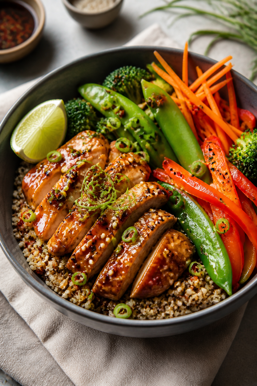 Final plated dish, restaurant style: Beautifully plated Healthy Chicken Teriyaki bowl—quinoa base