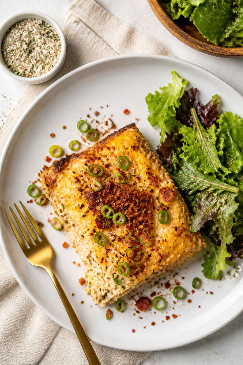 Final plated dish, top-down: A neatly served square of Keto Crack Chicken Casserole on a matte white