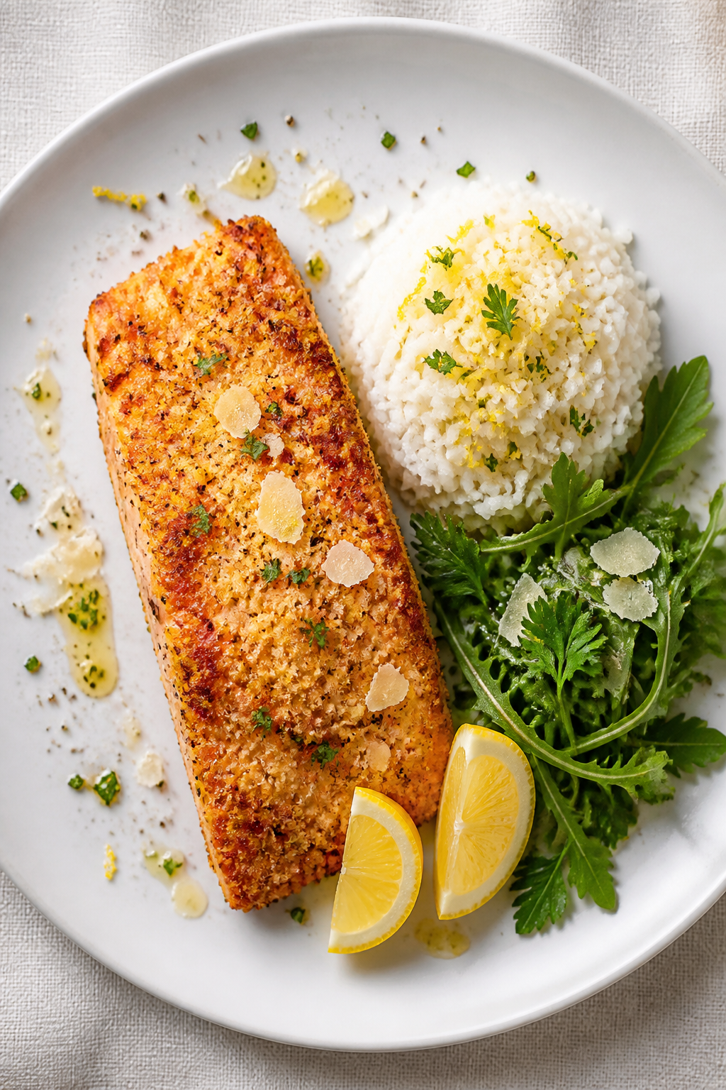 Final plated dish, top view: Restaurant-quality presentation of a single Parmesan-crusted salmon fil