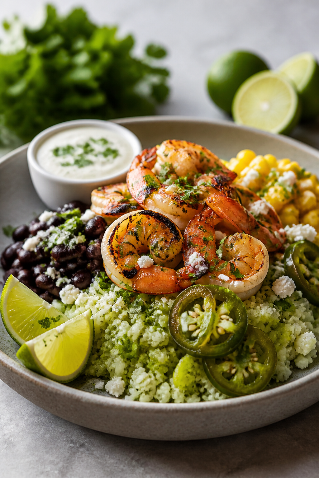 Final plated hero: Beautifully plated shrimp taco bowl variation with cilantro-lime cauliflower rice