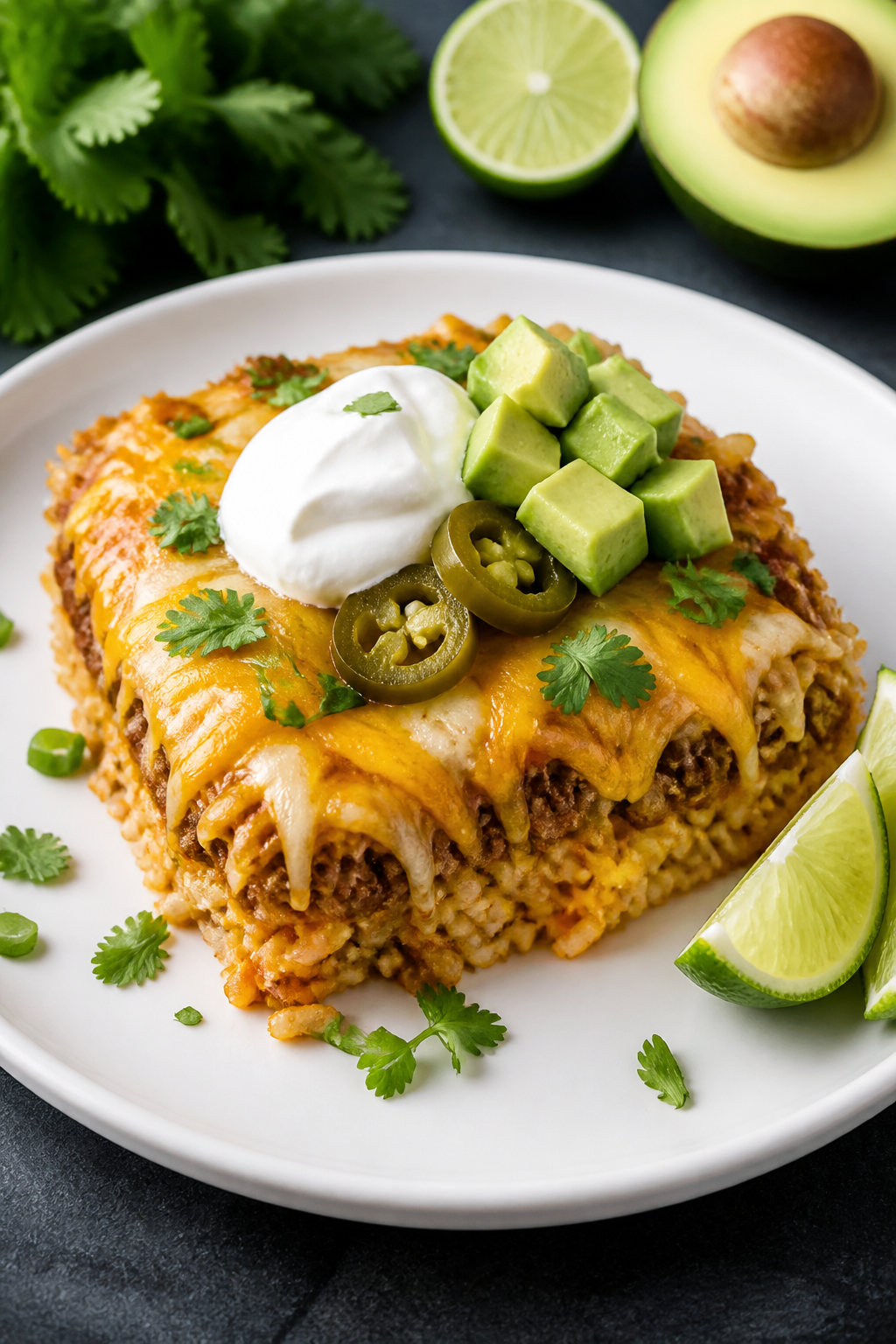 Final plated hero: Beautifully plated square of ground turkey taco rice casserole with a melted, lig