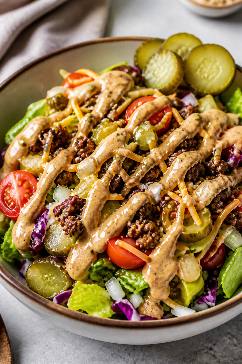 Final plated hero bowl, close-up detail: Beautifully plated High Protein Big Mac Salad Bowl in a wid