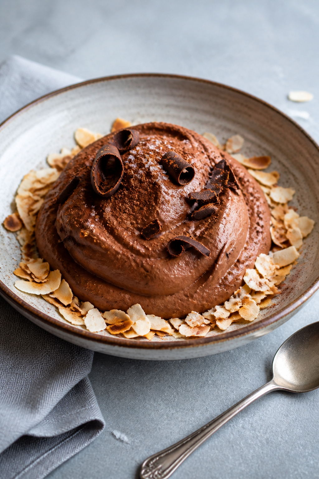Final plated hero: Restaurant-quality presentation of the mousse scooped into a low, wide stoneware 