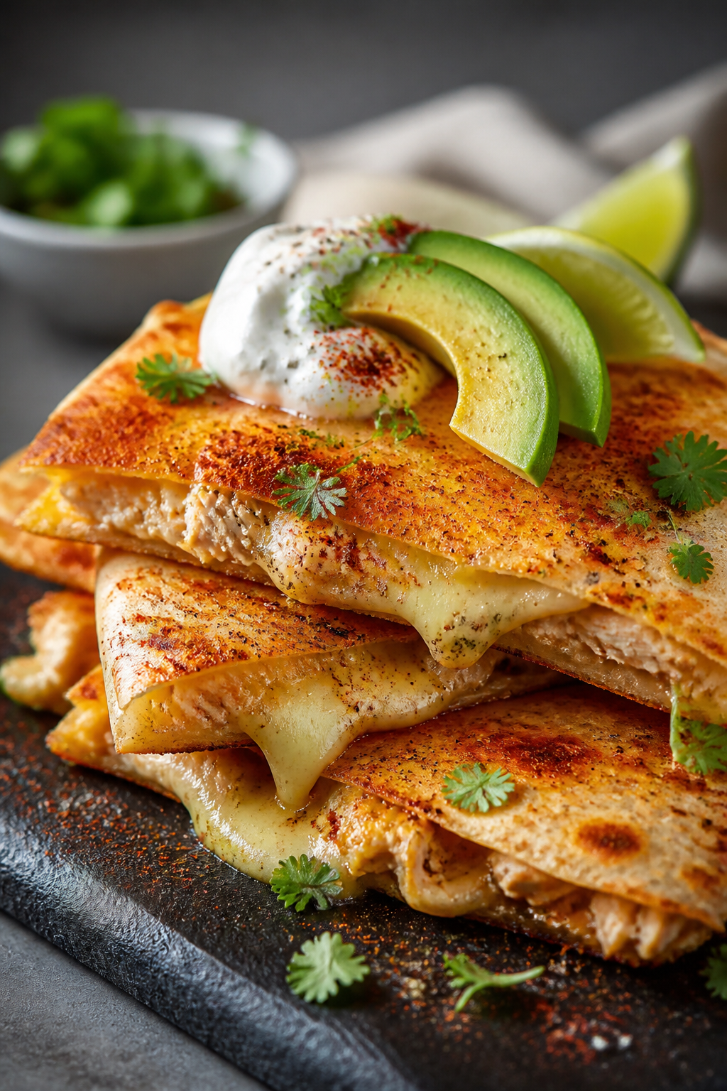 Final plated hero: Restaurant-quality presentation of a crisp, deeply golden quesadilla wedge stack