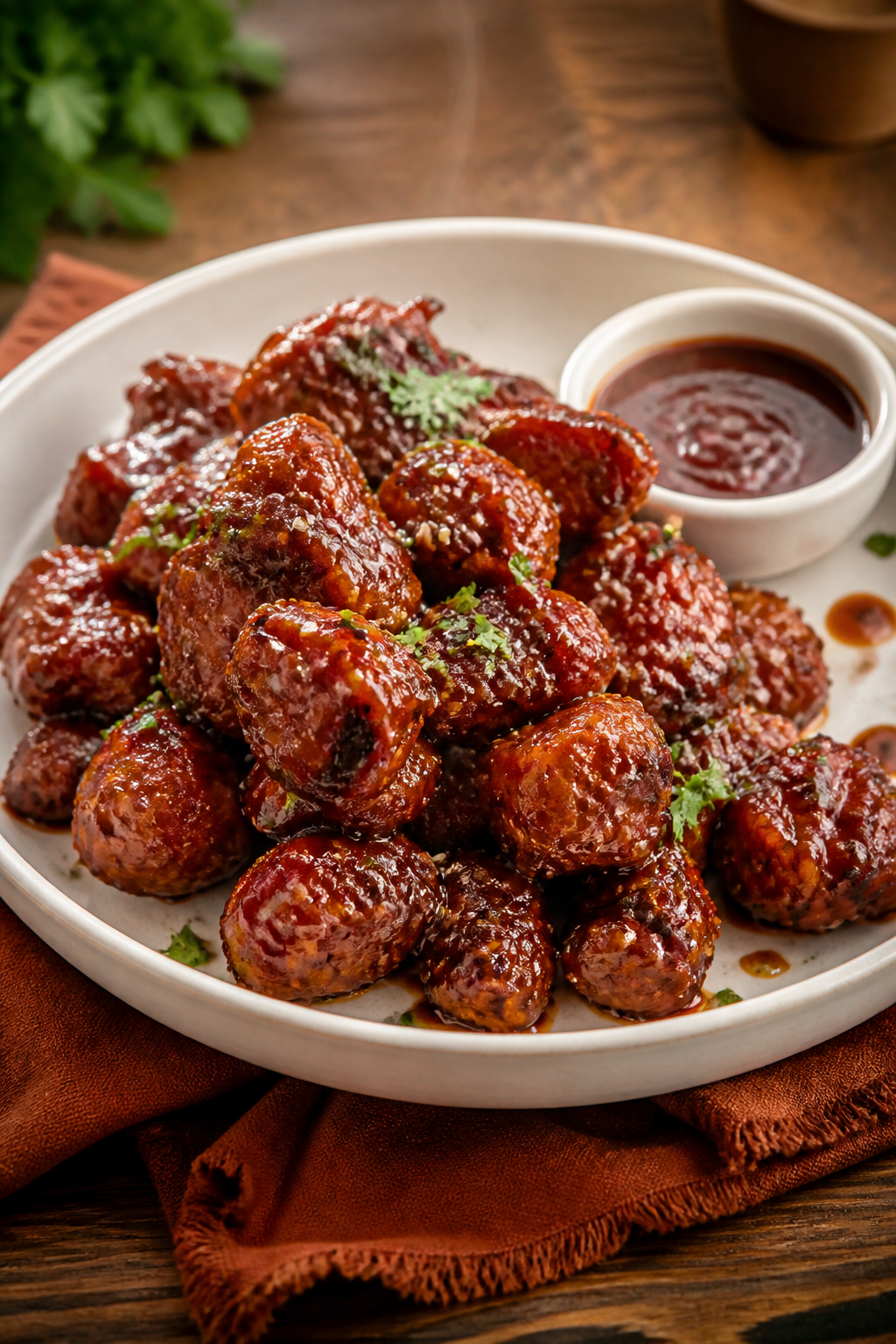 Final plated hero shot: Beautifully plated Air Fryer BBQ Chicken Bites piled on a matte white shallo