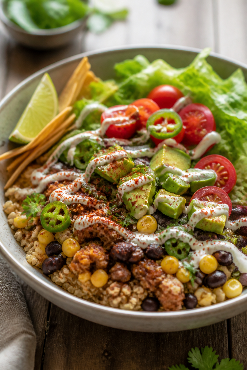 Final plated hero shot: Beautifully plated Spicy Ground Turkey Taco Bowl in a shallow ceramic bowl, 