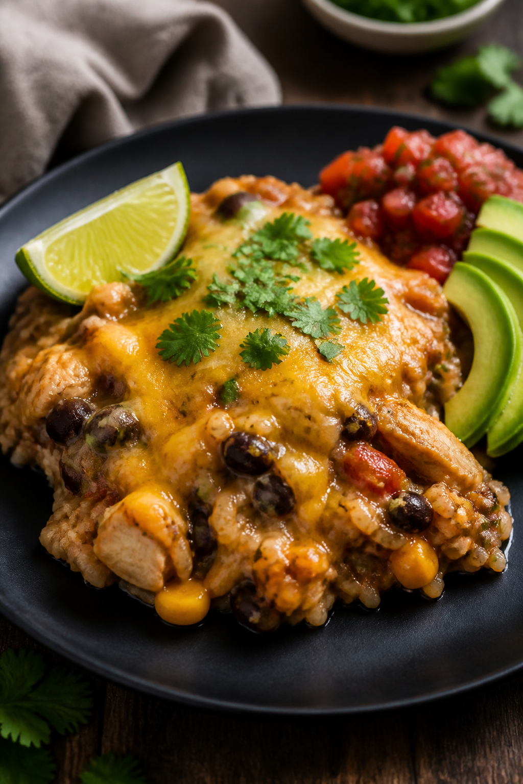 Final plated, hero shot: Restaurant-quality close-up of a neatly plated serving of Southwest Chicken
