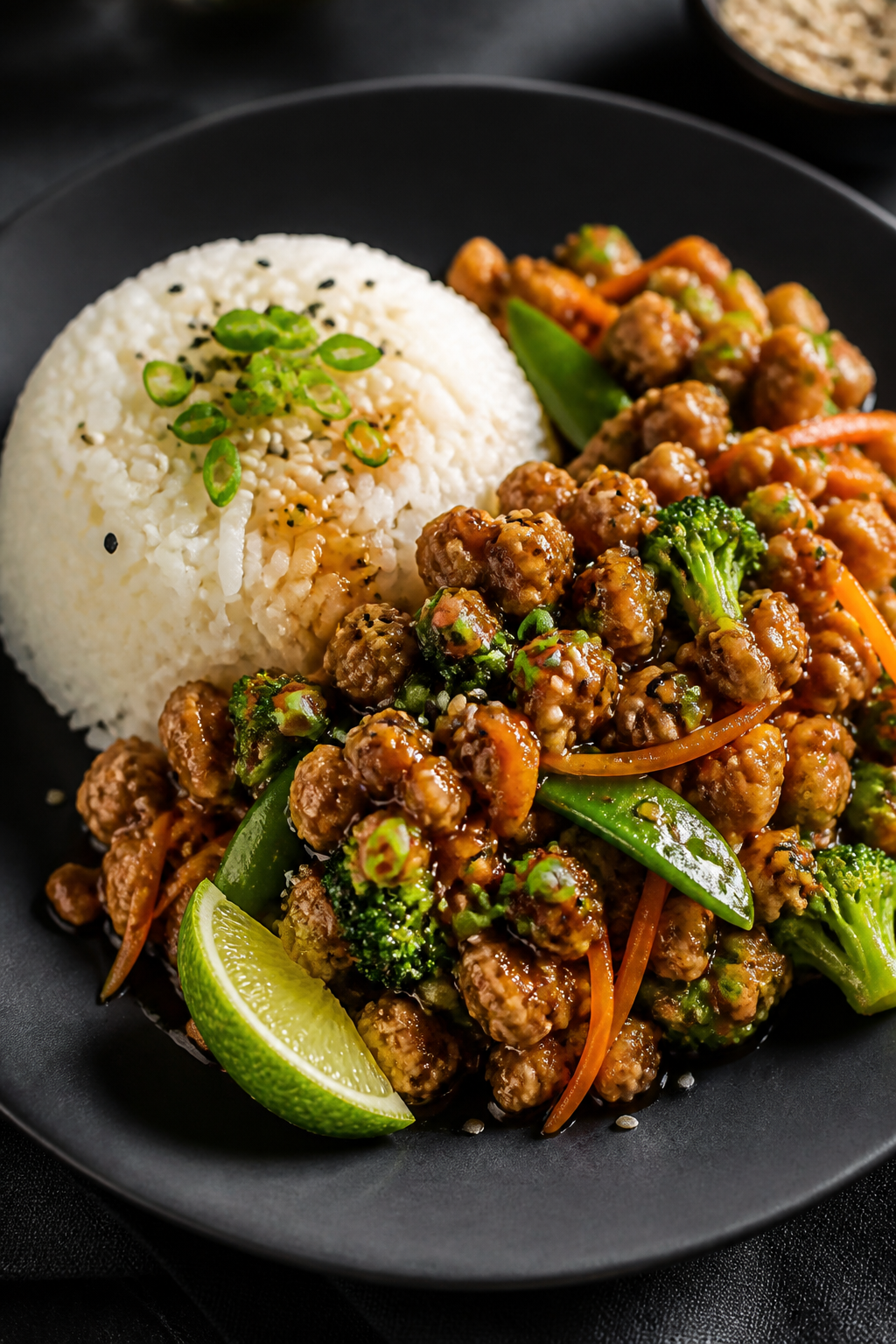 Final plated hero shot: Restaurant-quality presentation of a Ground Turkey Teriyaki Bowl on a dark s