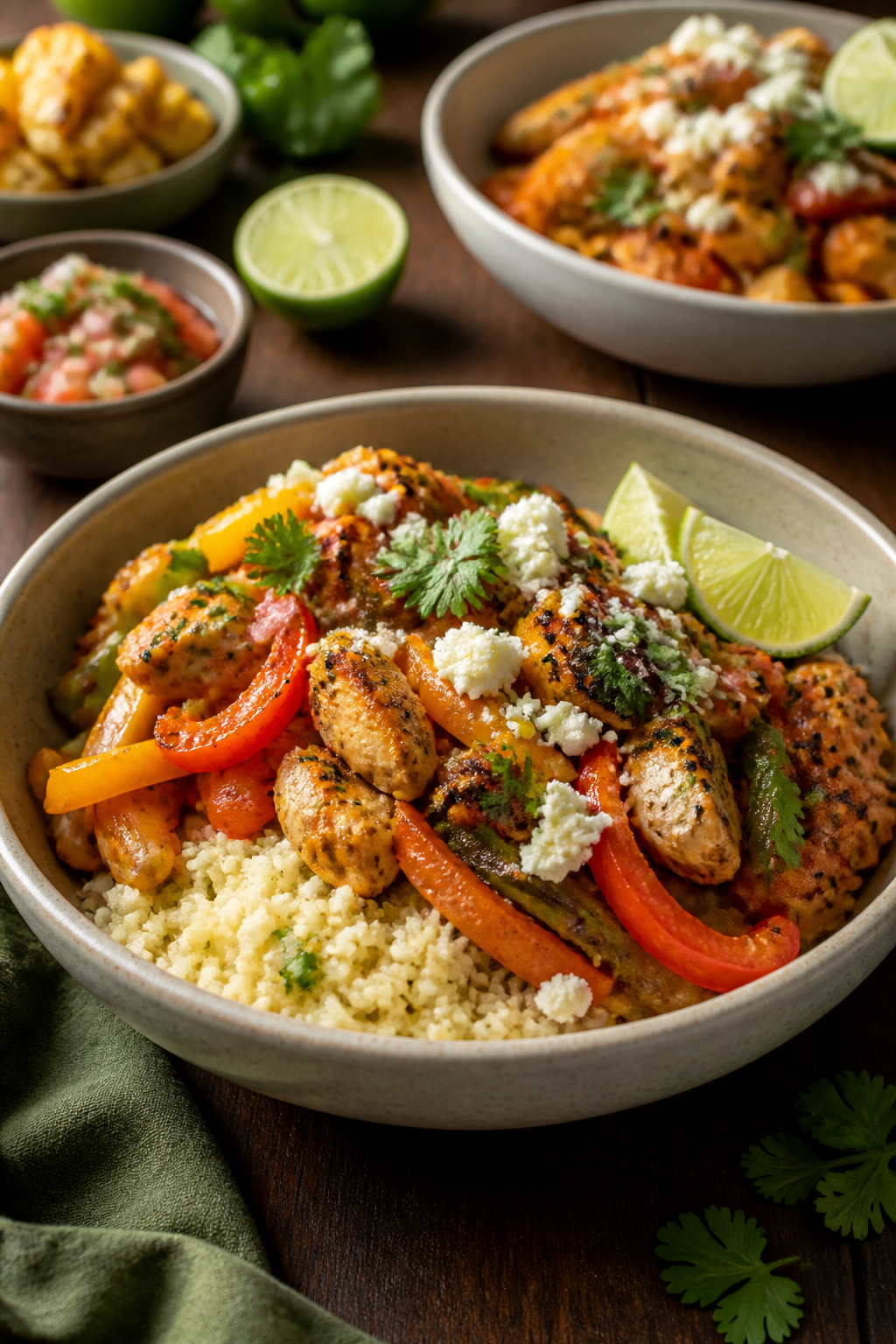 Final plated hero shot, restaurant-quality presentation: Beauty plate of Loaded Chicken Fajita Cauli