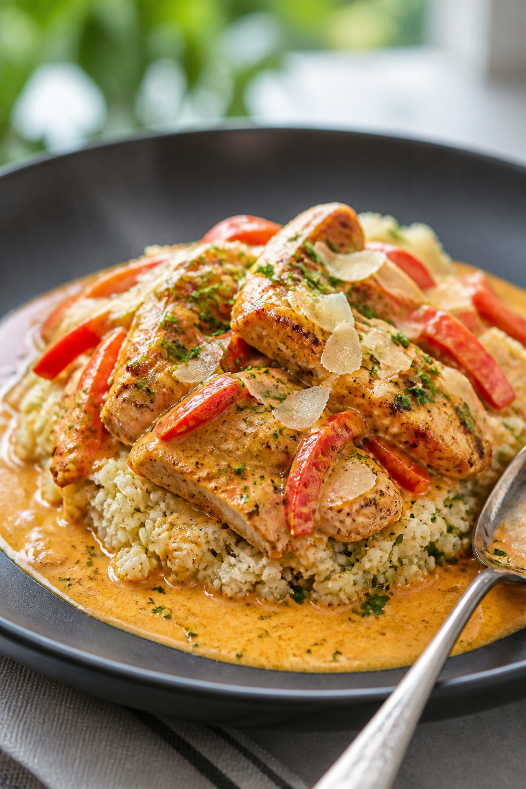 Final plated hero shot: Restaurant-quality presentation of Creamy Cajun Chicken & Cauliflower Rice o