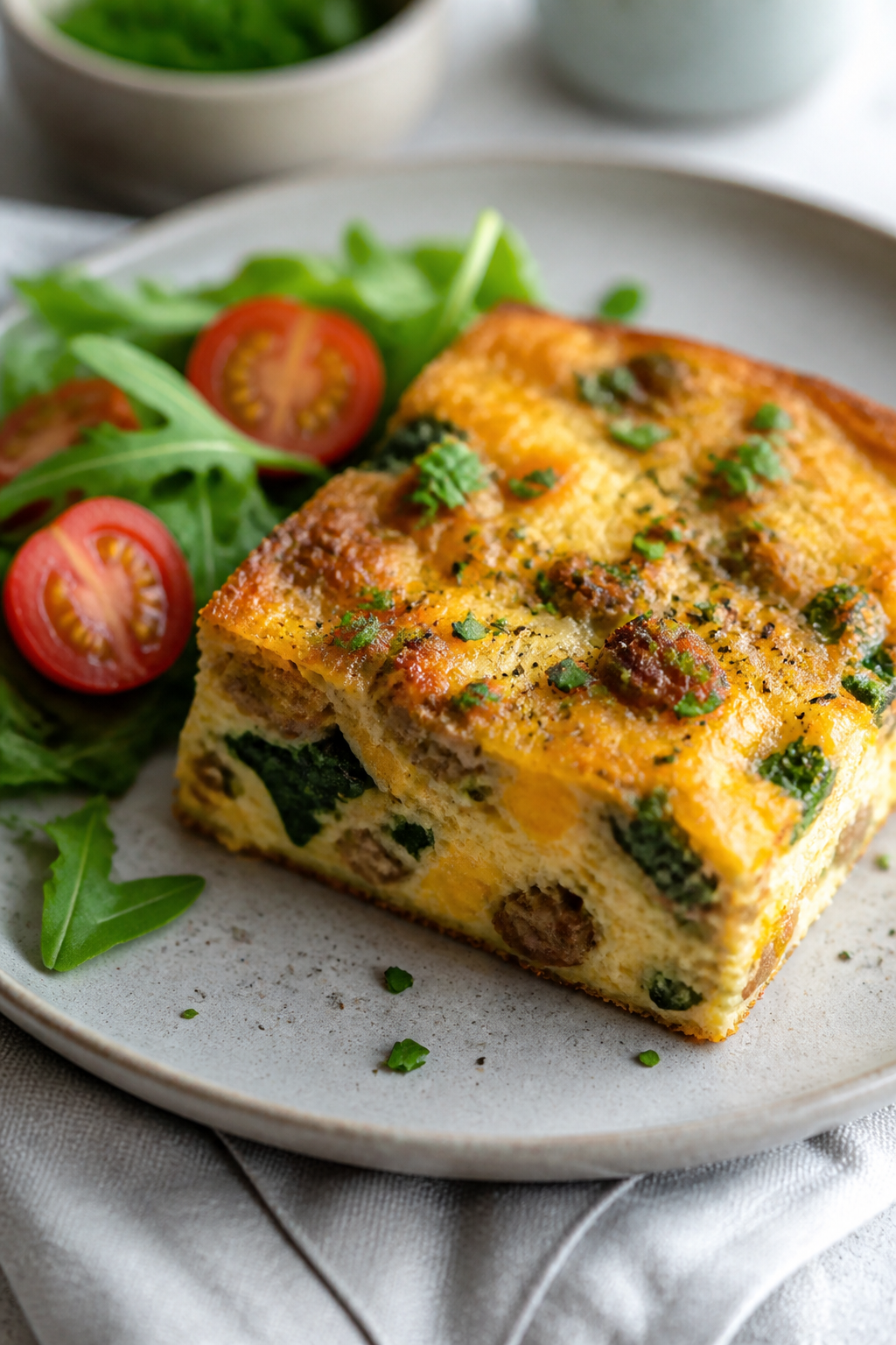 Final plated hero: Slice of Easy Sausage & Egg Breakfast Casserole with a golden, lightly crisp top
