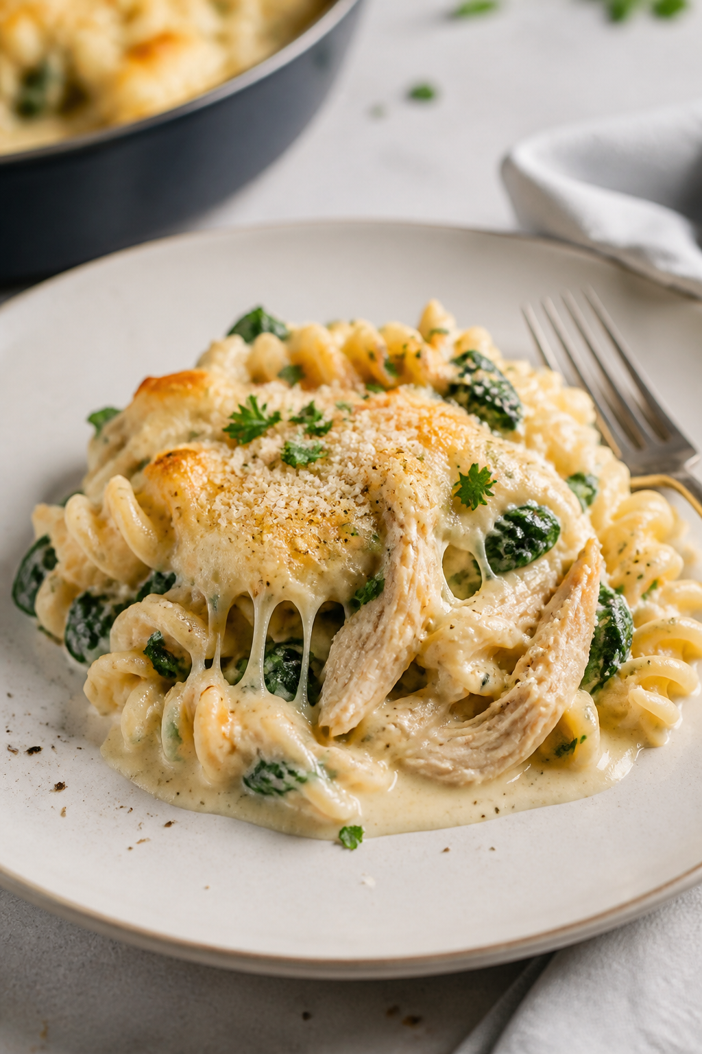 Final plated presentation: A generous serving of Chicken Alfredo Casserole on a wide, matte off-whit