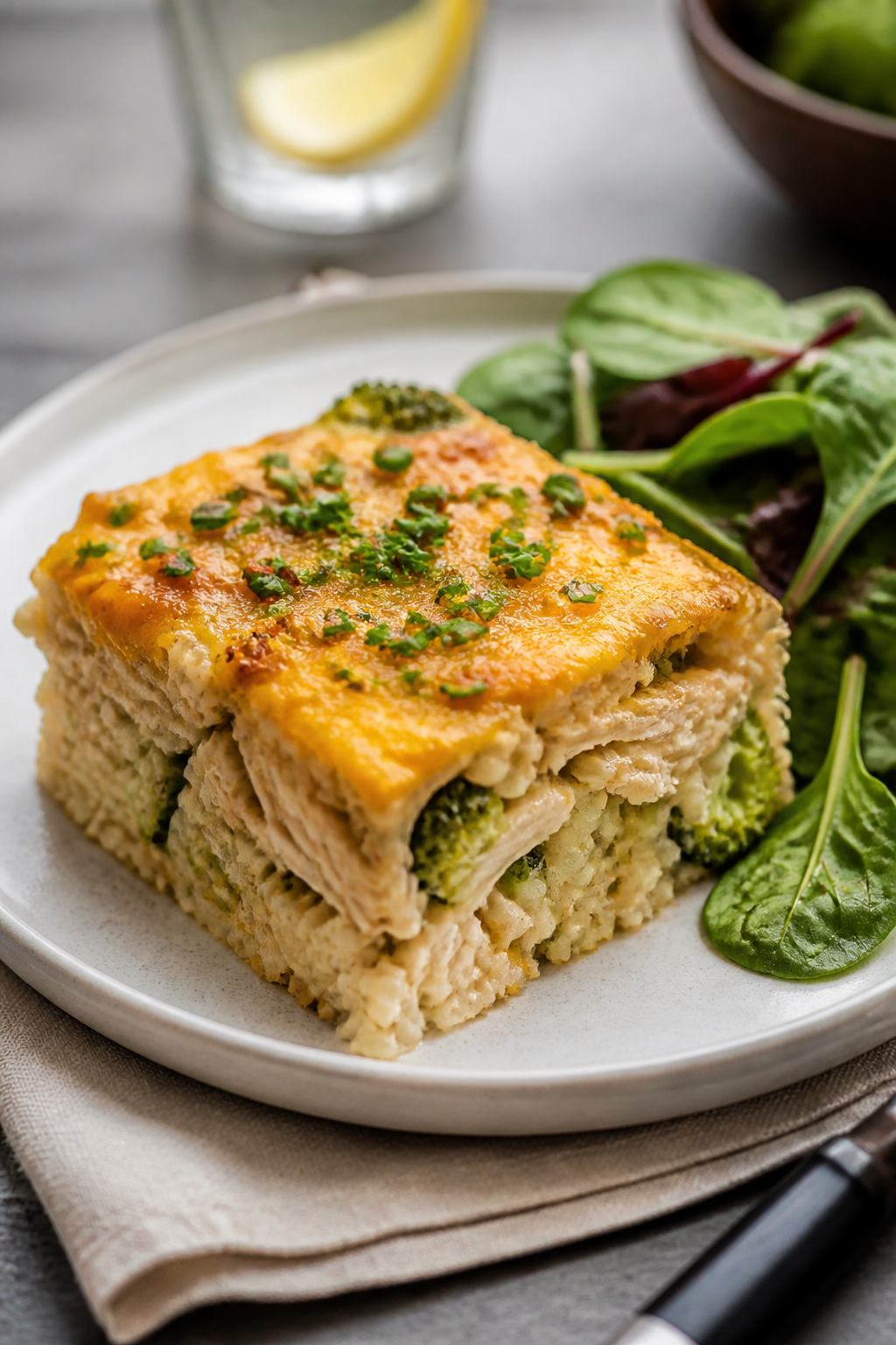 Final plated presentation: A generous square of Cheesy Chicken Broccoli Rice Protein Bake served on