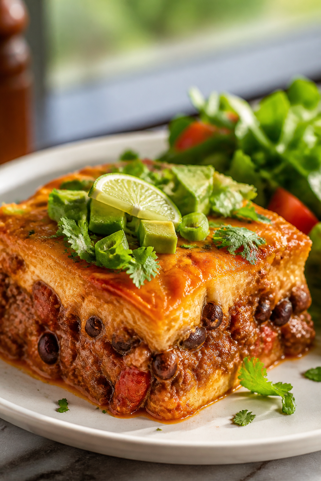 Final plated presentation: A generous square of High Protein Beef & Bean Casserole set on a warm whi