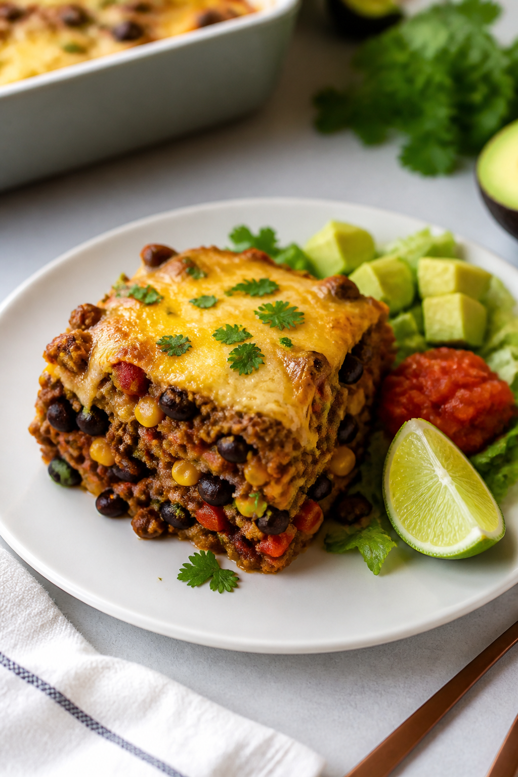 Final plated presentation: A generous square of the baked Ground Beef Taco Protein Casserole served 