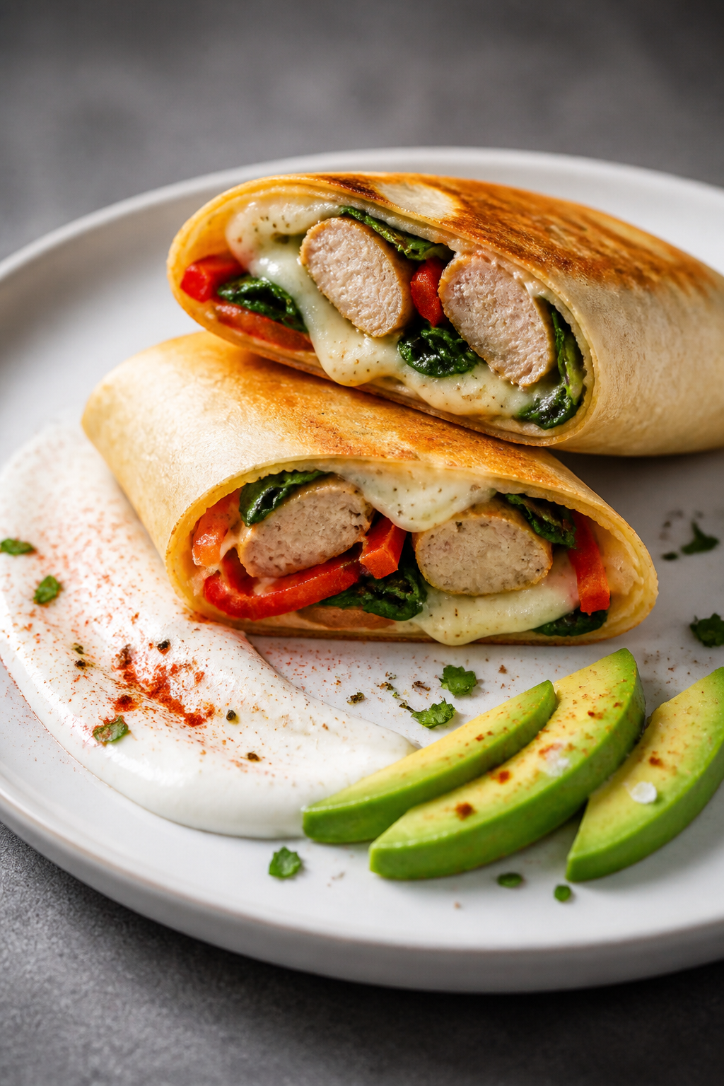 Final plated presentation: A tightly rolled, seam-side-crisped Egg White & Chicken Sausage Wrap, cut