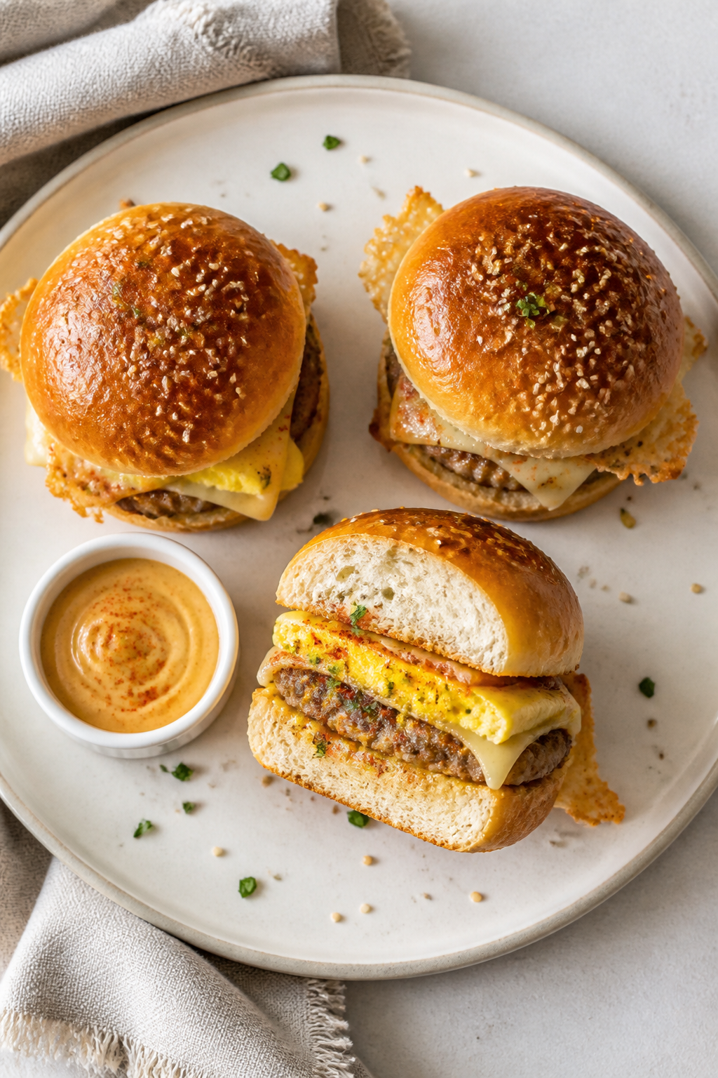 Final plated presentation: Beautifully plated breakfast slider trio on a matte white plate with a sm