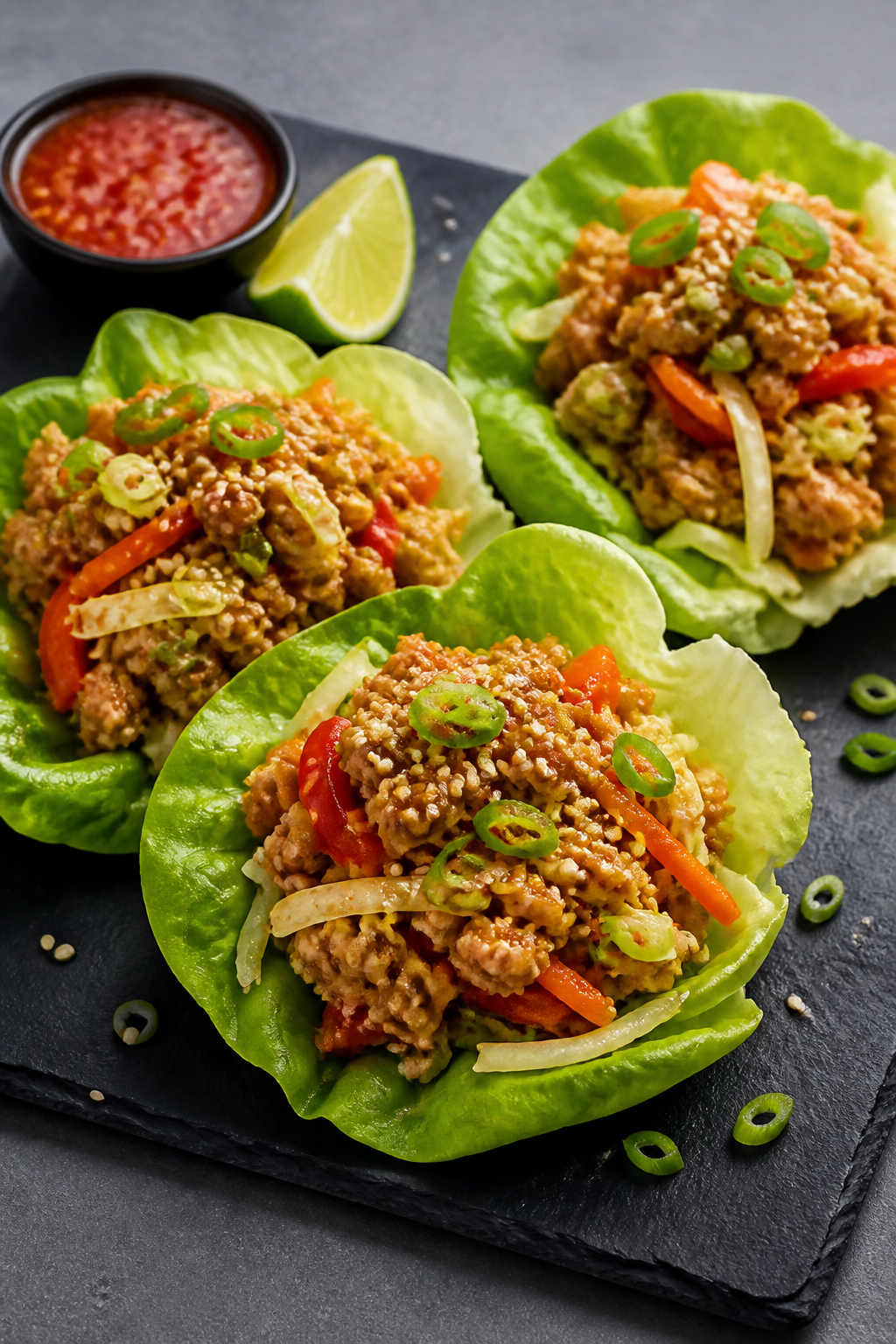 Final plated presentation: Lettuce wrap assembly with the finished turkey-cabbage mixture spooned in