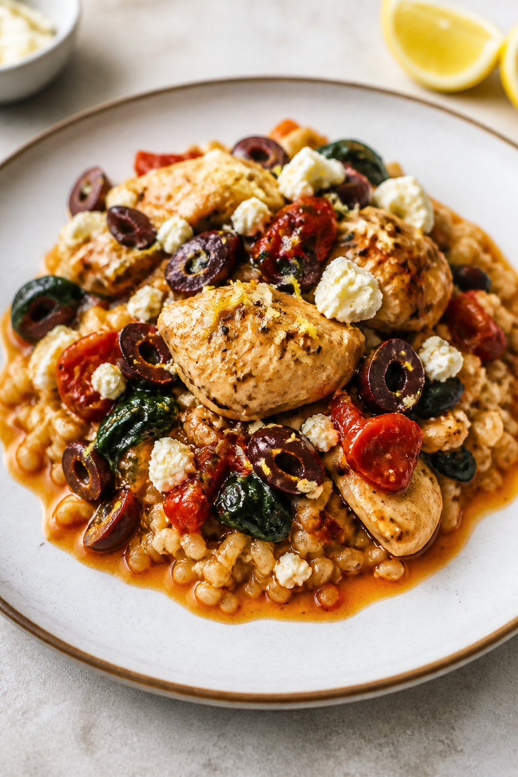 Final plated presentation: Restaurant-quality plate of Mediterranean chicken spooned over warm farro