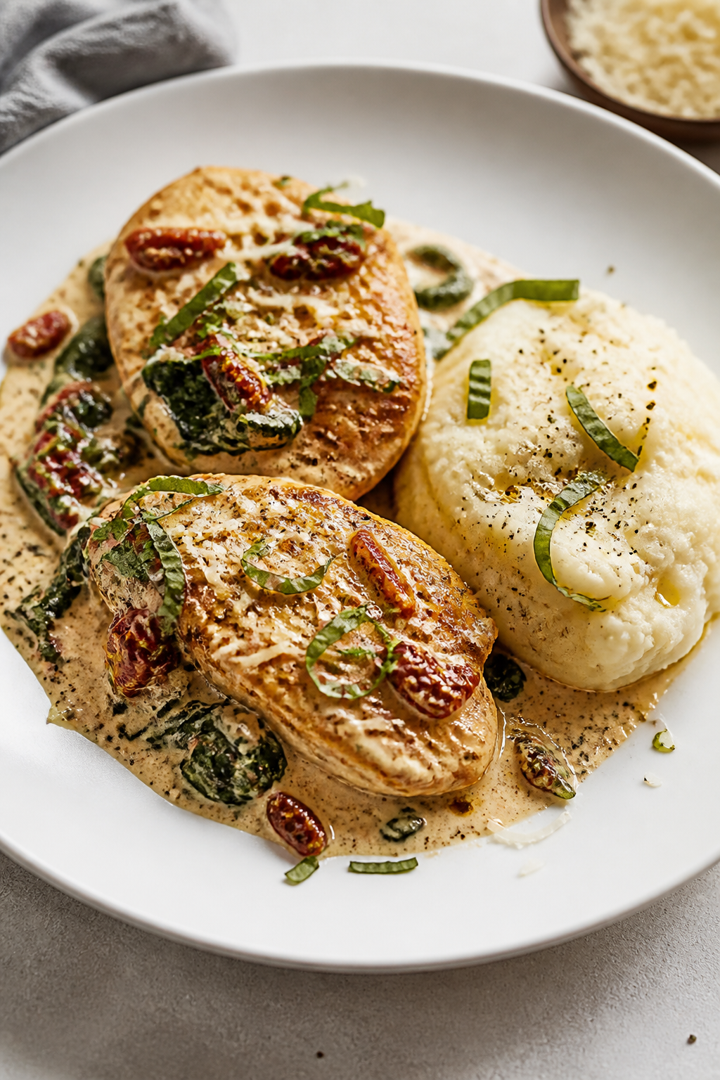 Final plated presentation: Restaurant-quality plate-up of Keto Marry Me Chicken on a wide, matte-whi