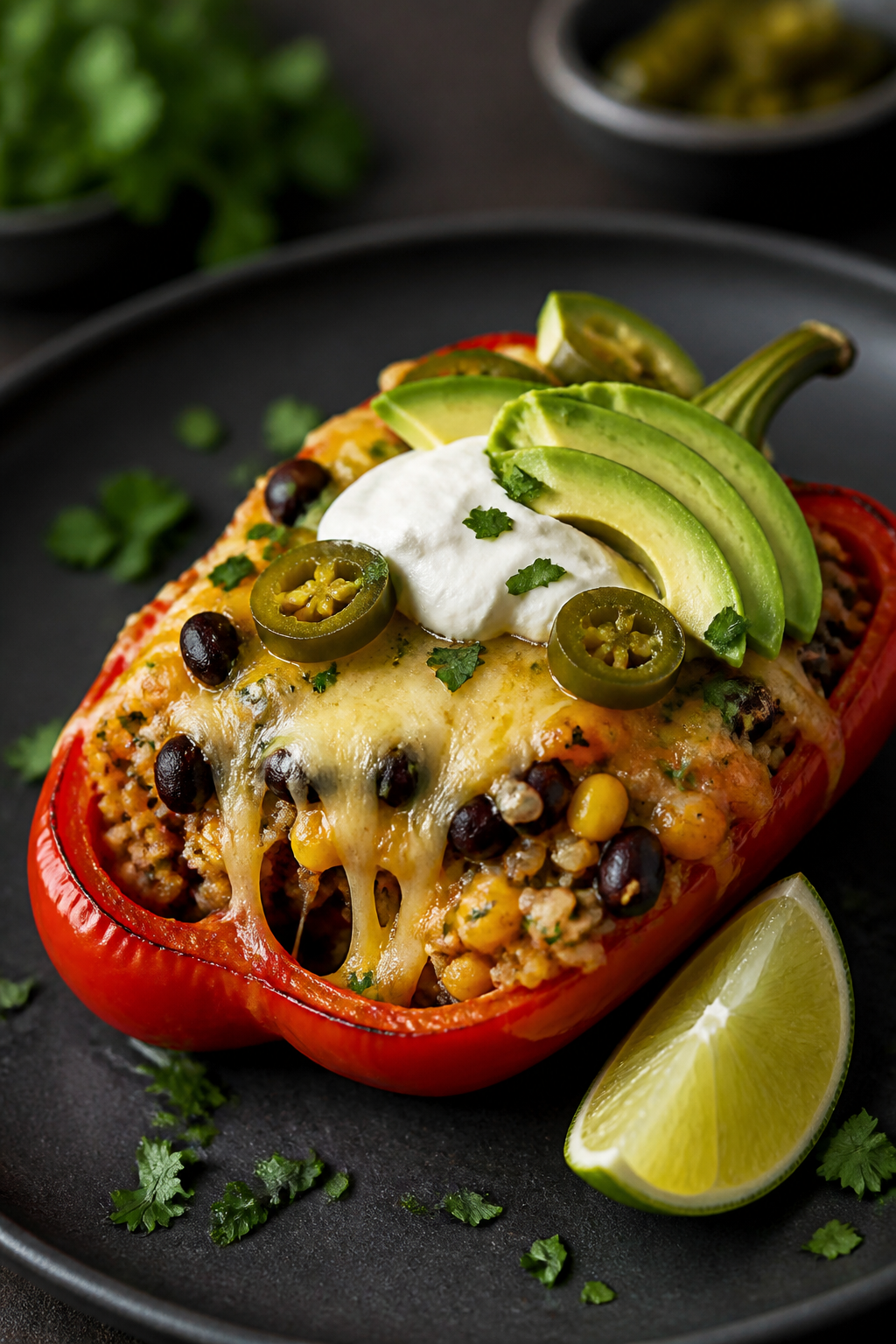 Final plated presentation: Single taco stuffed pepper plated on a matte charcoal plate, cheese stret