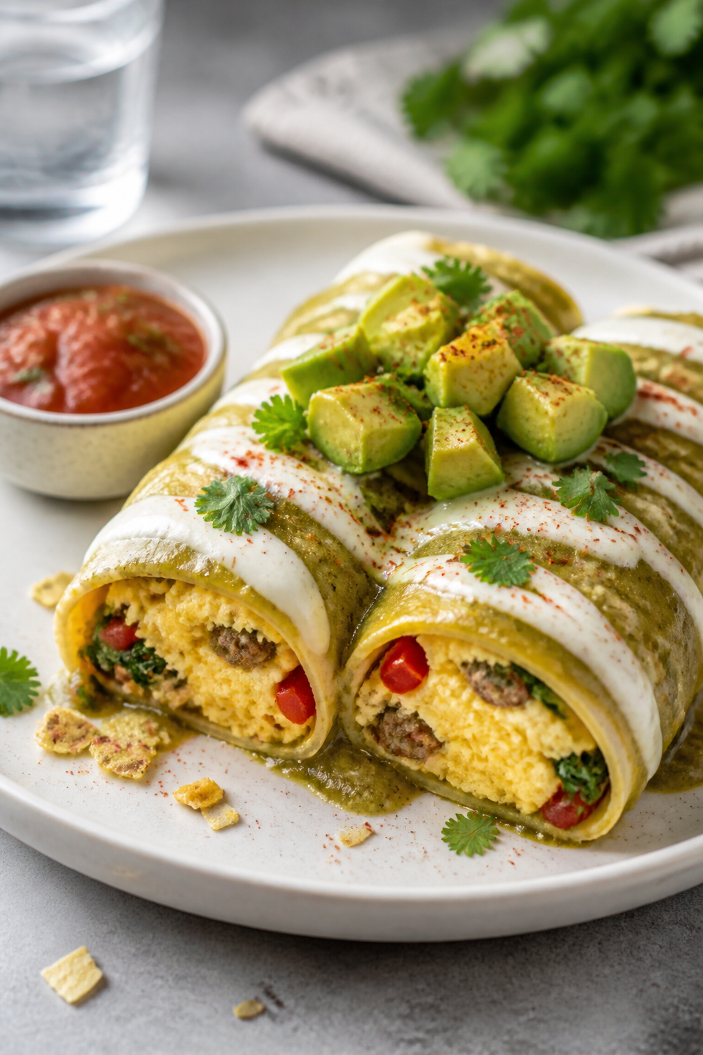 Final plated presentation: Two saucy breakfast enchiladas on a matte white plate, cross-section visi