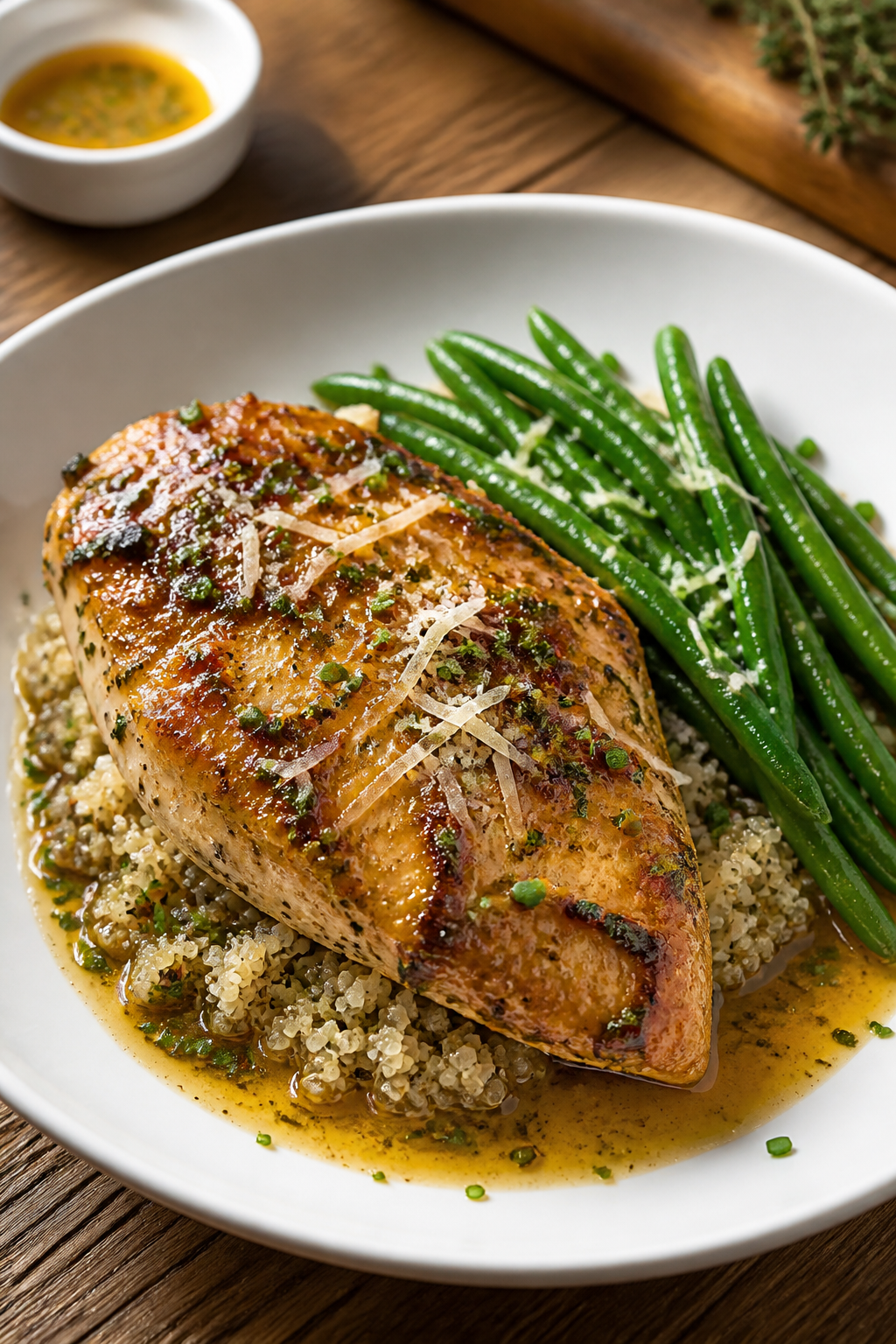 Final plated, restaurant-quality: Beautifully plated garlic chicken over quinoa and steamed green be