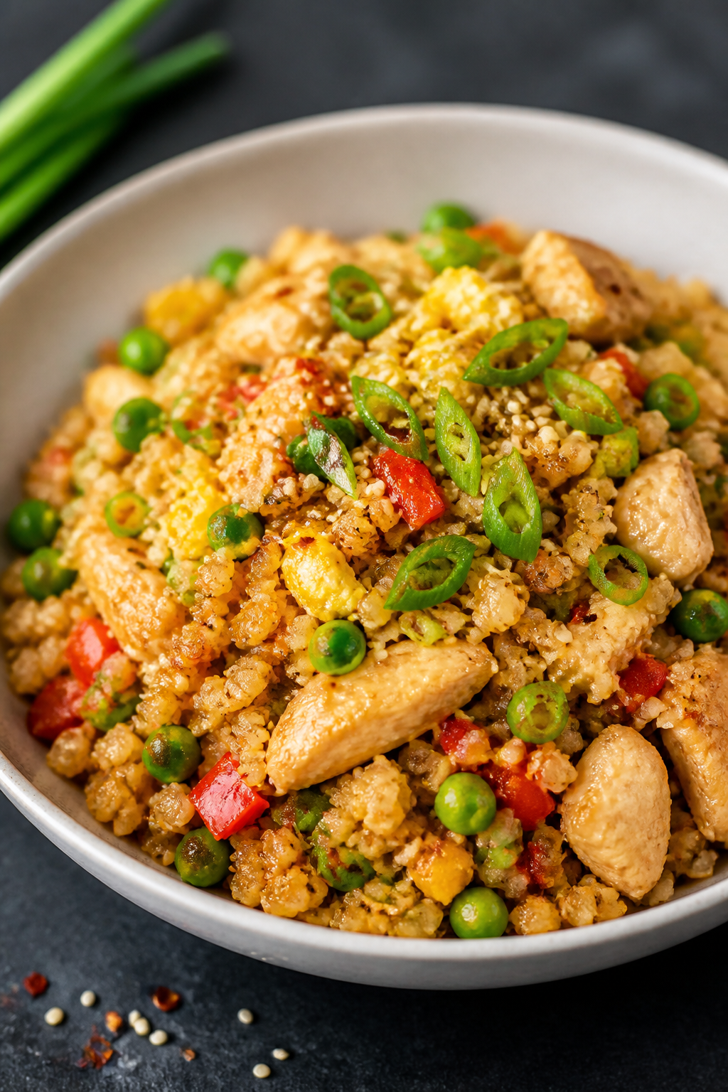 Final plated, restaurant-quality close-up: Beautifully plated bowl of Chicken Fried Cauliflower Rice
