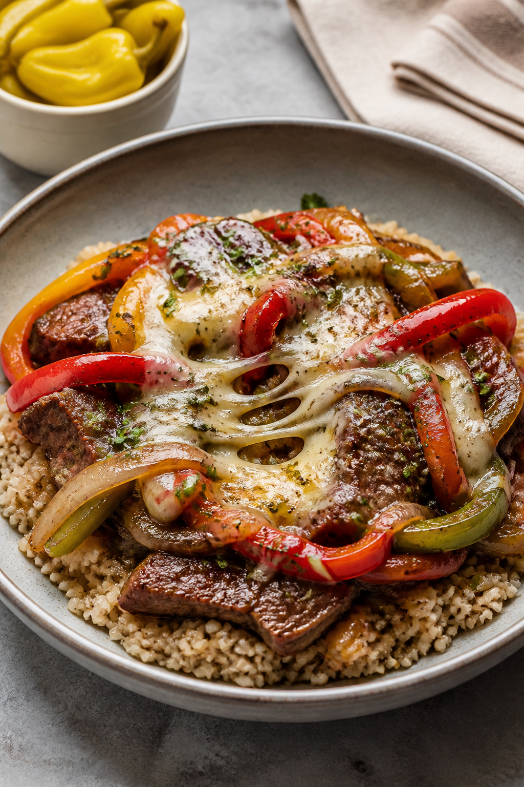 Final plated restaurant-quality presentation: a single sleek shallow bowl with brown rice base toppe