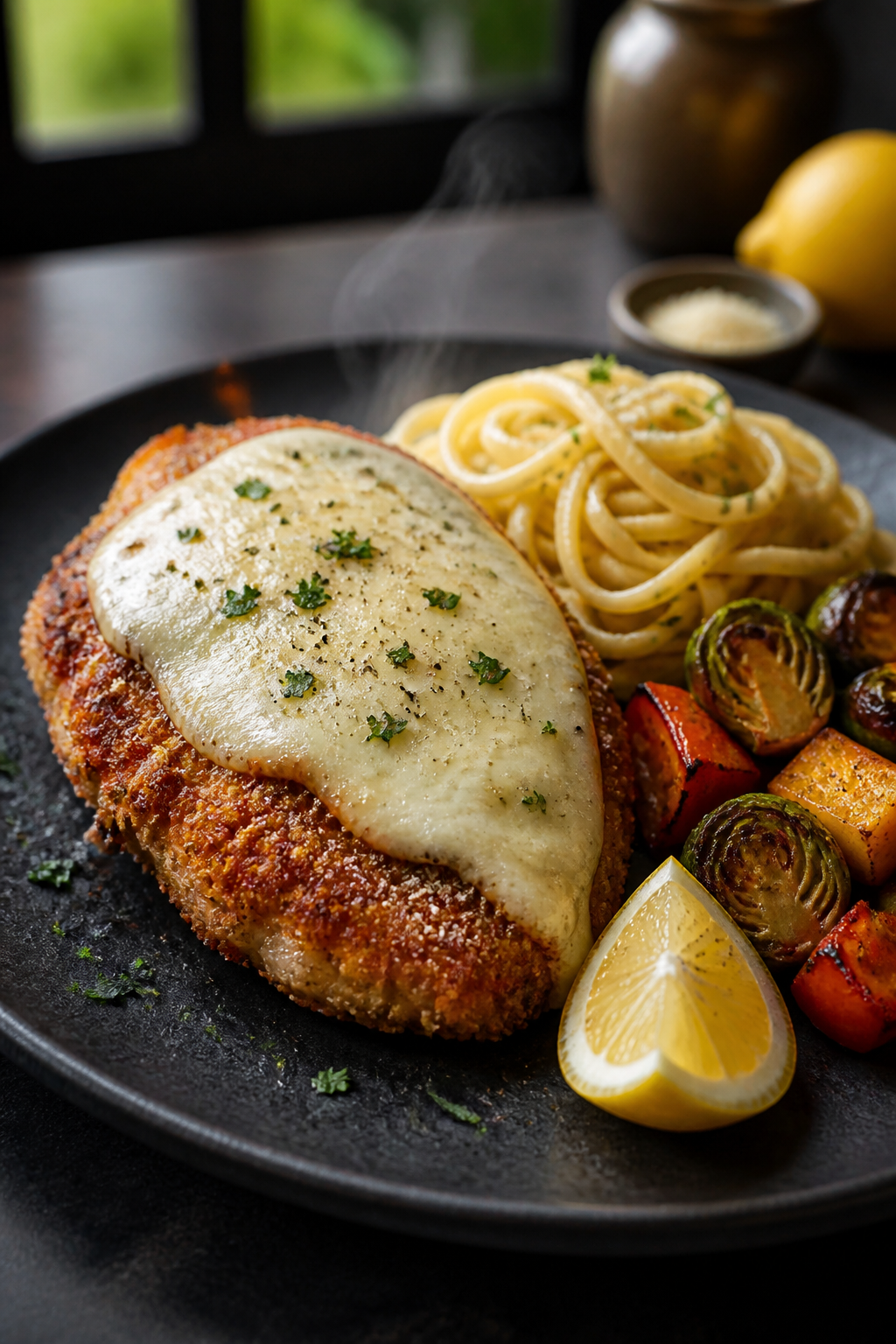 Final plated restaurant-quality presentation: whole Parmesan-crusted chicken breast topped with a th