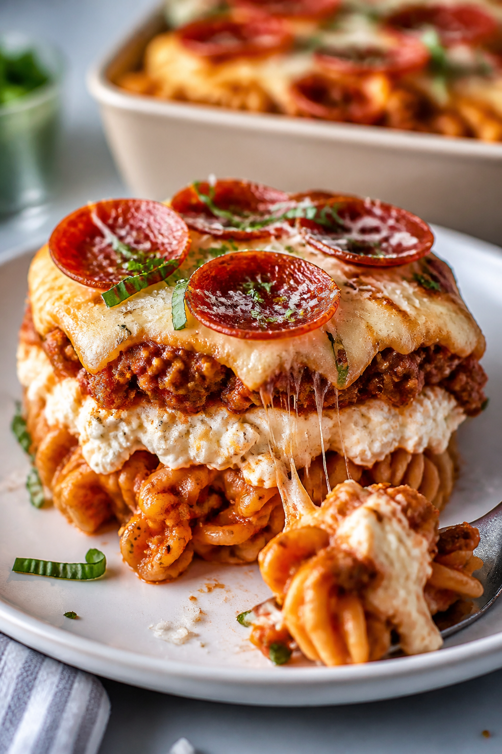 Final plated serving: A generous square of High Protein Pizza Casserole on a white ceramic plate, la