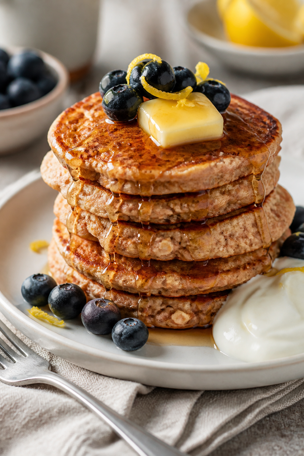 Final plated stack beauty shot: A tall stack of fluffy cottage cheese protein pancakes on a matte wh