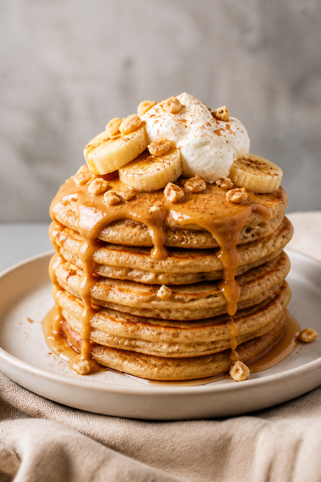 Final plated stack, side angle: Fluffy protein peanut butter banana pancakes stacked high on a matte