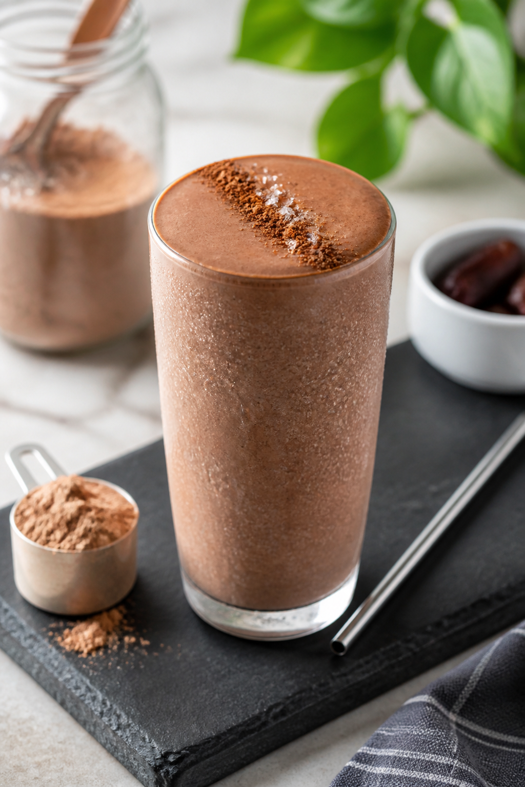 Final presentation: Beautifully styled post-workout version of the smoothie in a tall glass with a f