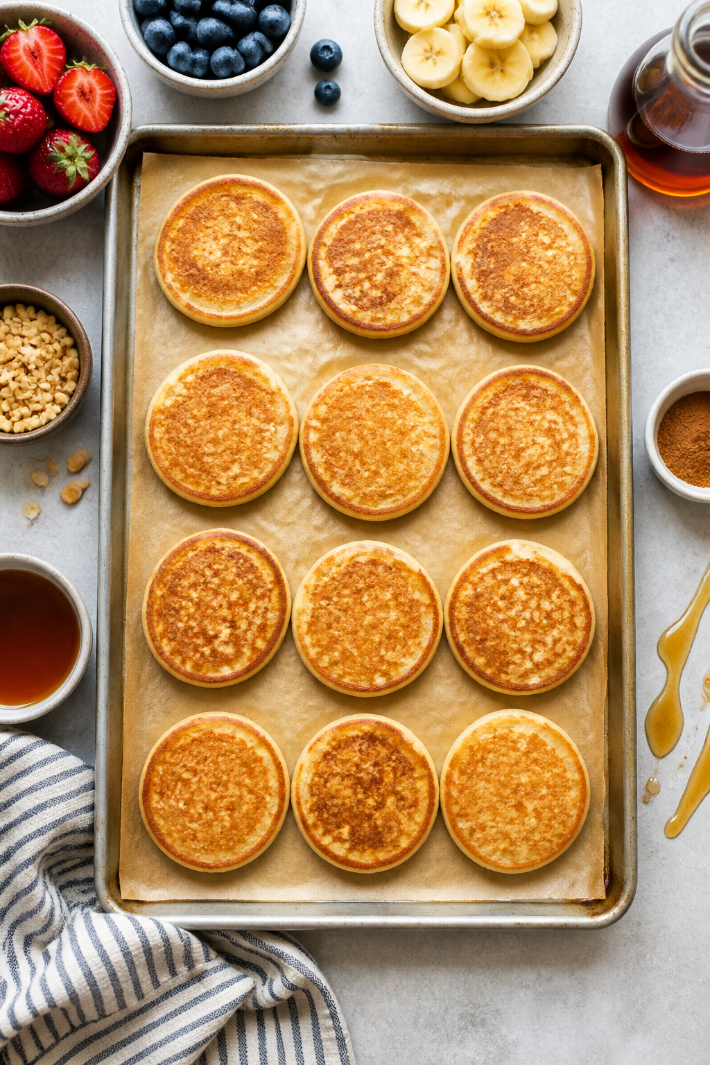 Overhead “tasty top view”: Top-down shot of 8–10 small pancakes arranged in a neat grid on a p