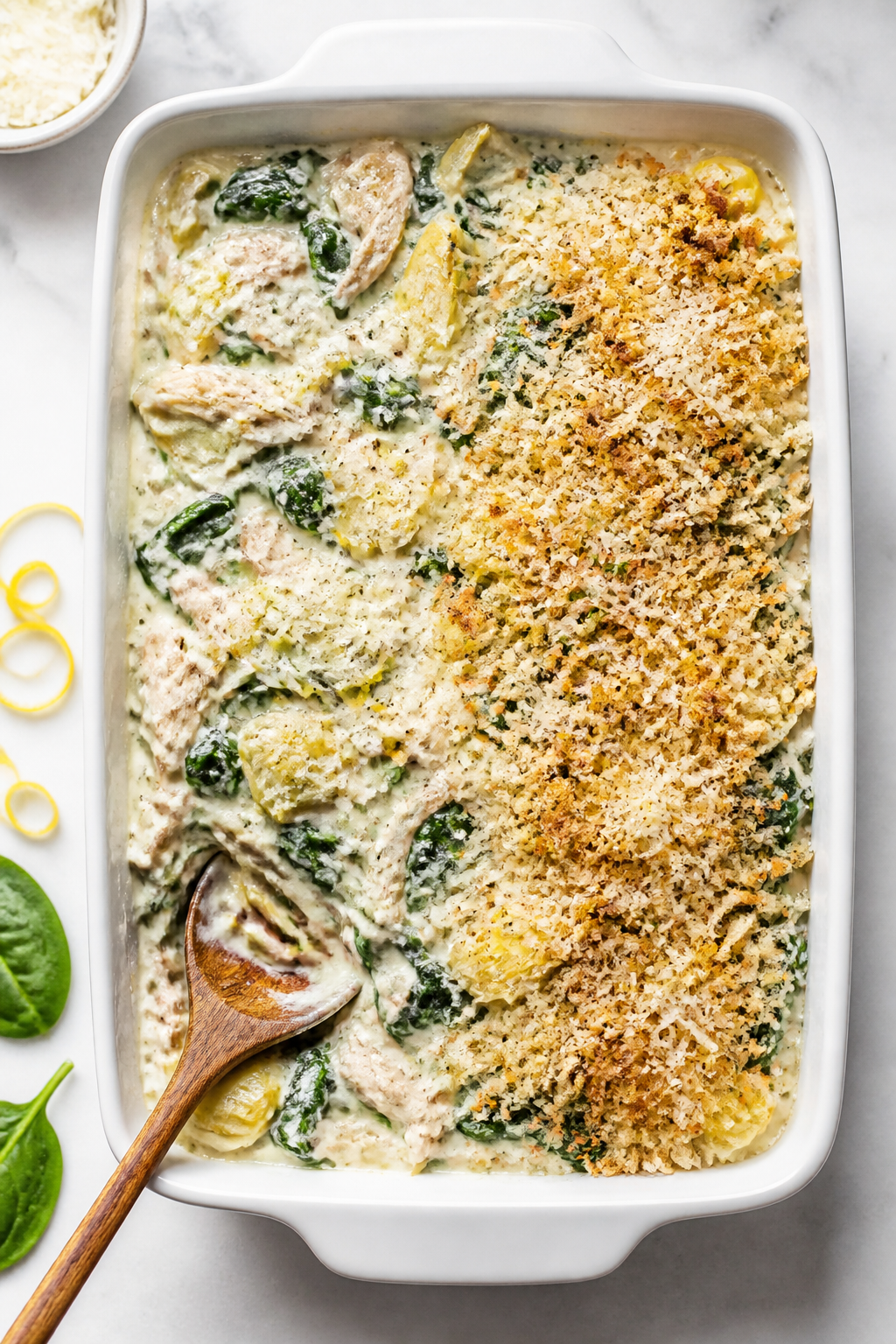 Overhead assembly — Creamy, cheesy mixture: Tasty top-down shot of the casserole mixture being spr