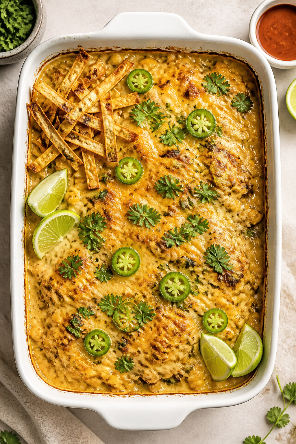 Overhead casserole reveal, just baked: Top-down shot of the White Chicken Chili Casserole in a 9x13 