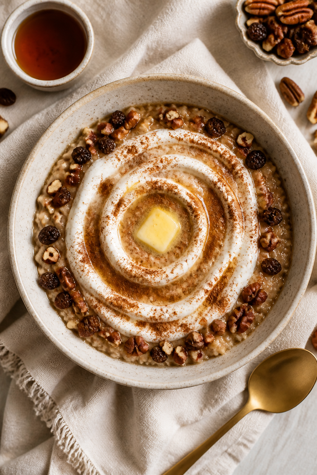 Overhead ācinnamon rollā presentation: Top-down shot of a bowl of high protein cinnamon roll oat