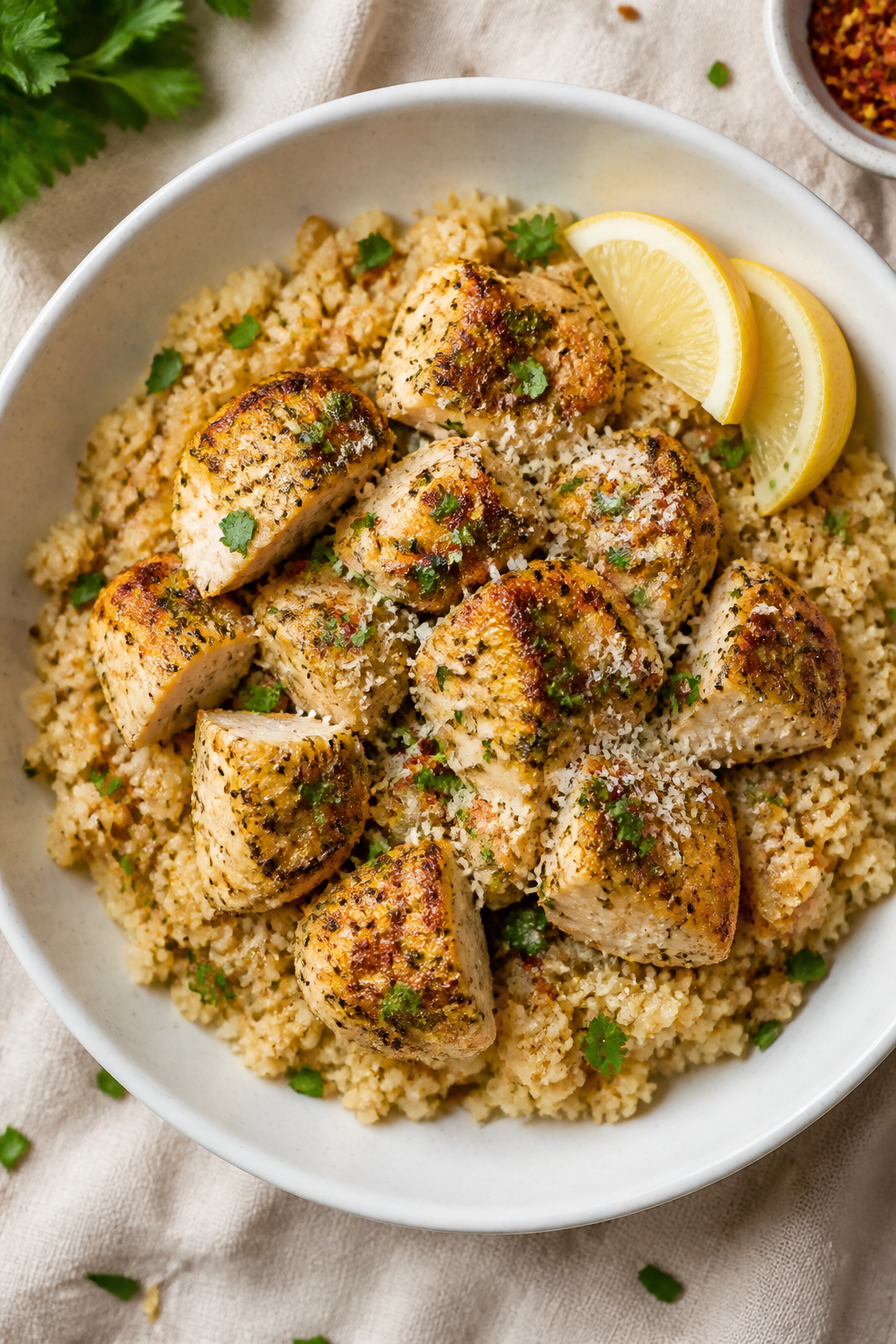 Overhead final bowl: Tasty of Garlic Herb Chicken & Cauliflower Rice in a wide, shallow white bowl;
