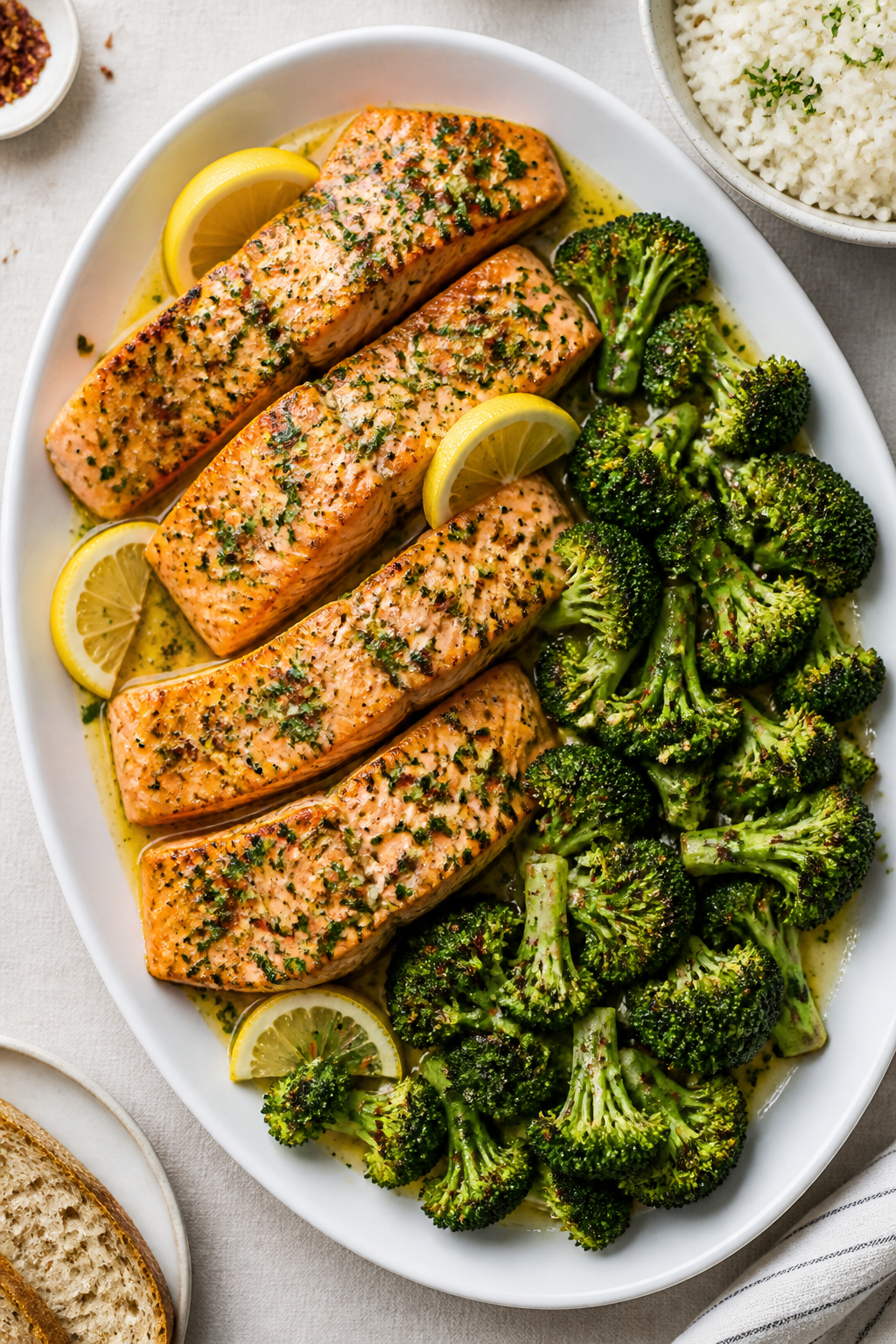Overhead final presentation: Garlic Butter Salmon & Broccoli plated family-style on a white oval pla