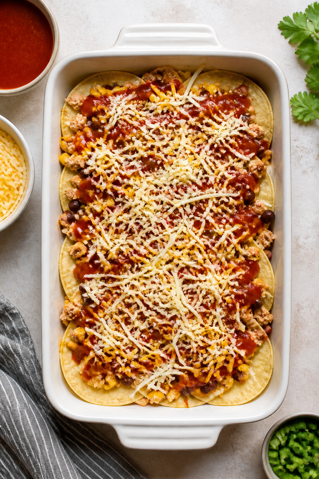 Overhead “layer and bake” shot: 9x13 baking dish mid-assembly on a light stone surface—neatly