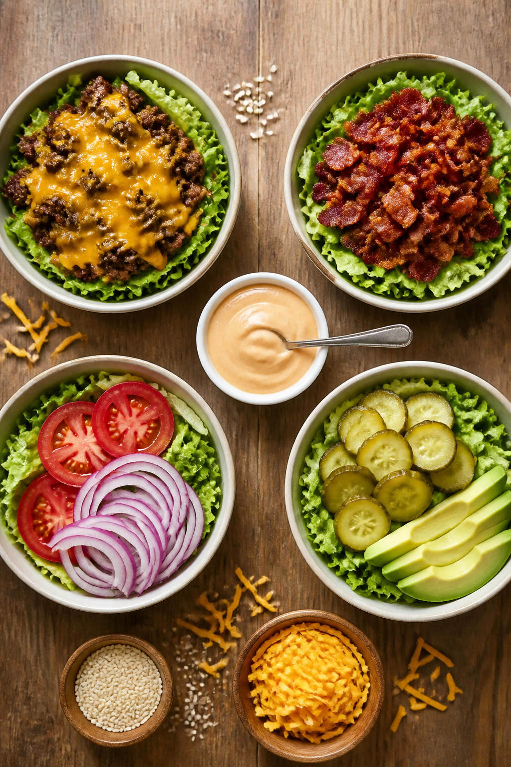 Overhead meal-prep/top view: Neatly arranged components ready to assemble—four bowls with lettuce