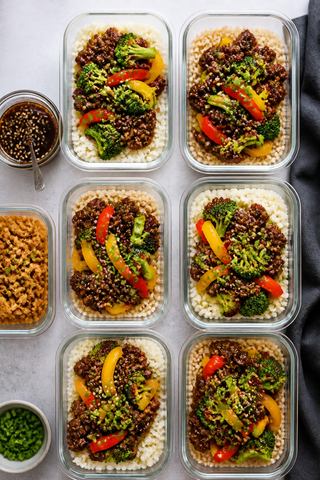 Overhead meal-prep/top-view spread: Tasty top-down shot of multiple meal-prep containers filled with