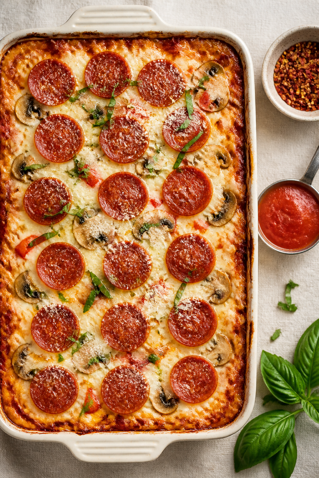 Overhead “pizza finish” shot: Uncovered casserole in a 9x13 pan just out of the oven, cheese mel