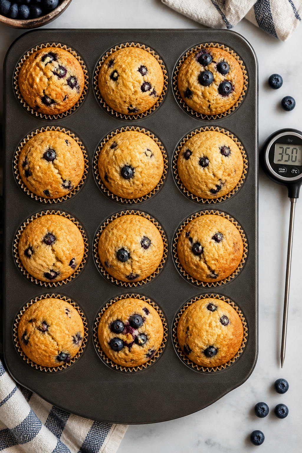 Overhead shot of a 12-cup muffin tin filled with baked muffins after the high-heat-to-reduced bake m