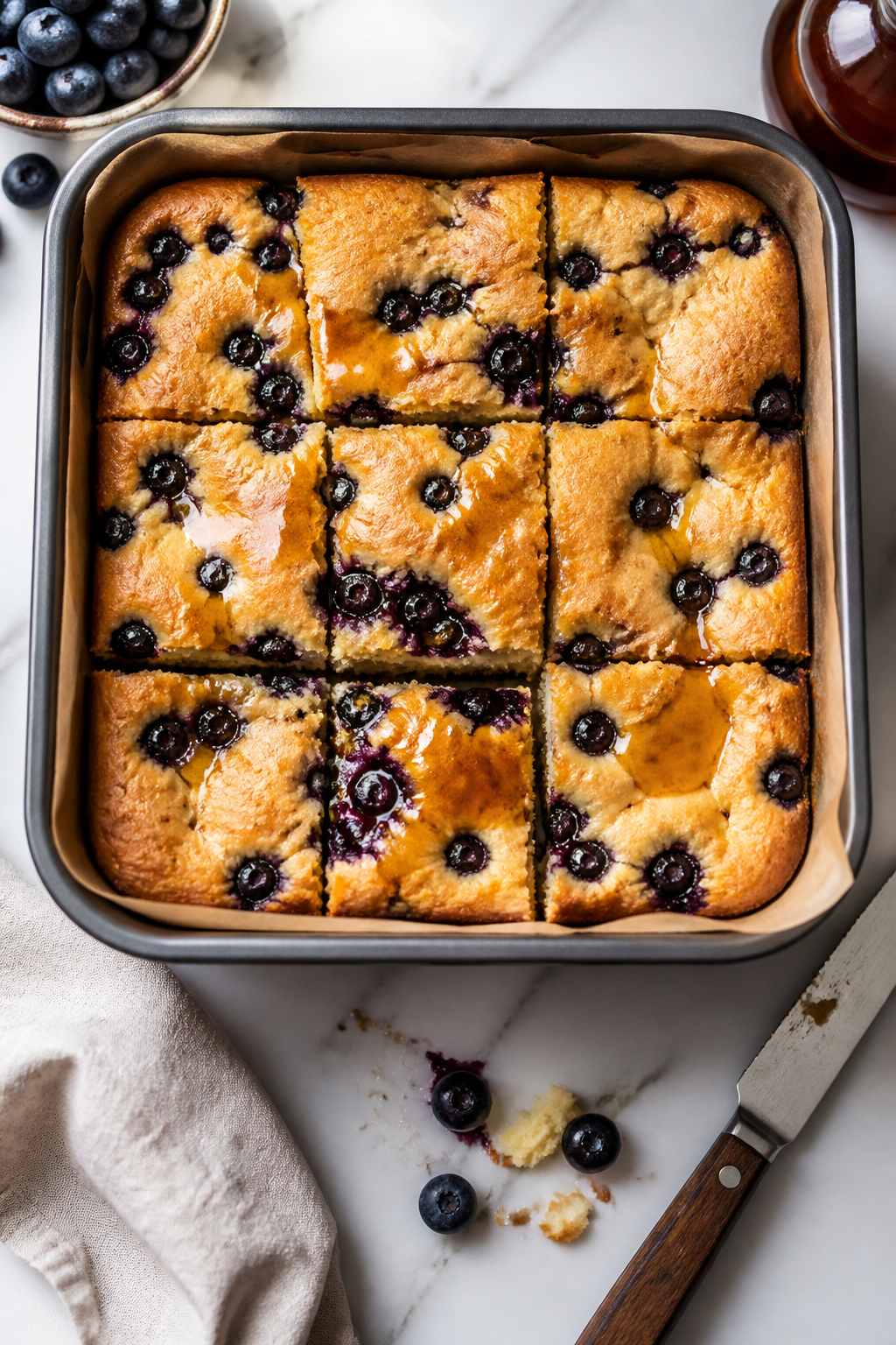 Overhead shot of the baked High Protein Blueberry Pancake Bake just out of the oven in an 8x8 pan li